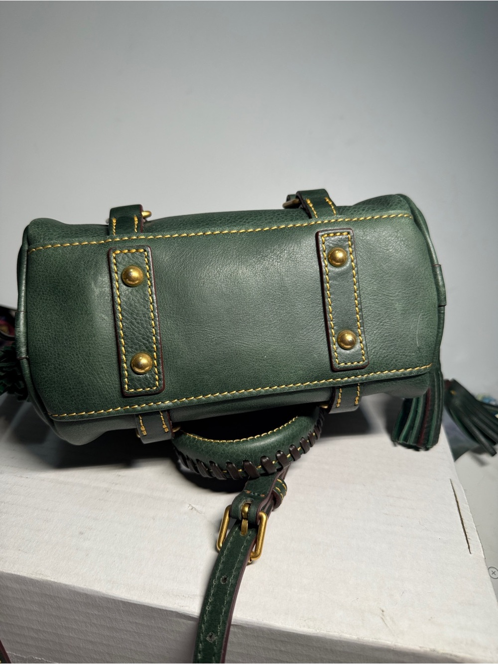 Dooney & Bourke Forest Green Leather Mini micro Florentine Satchel with Red Trim - Picture 9 of 10